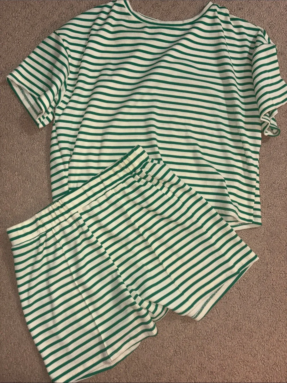 Lovesoft Green & White Striped Women's Sleep Set - Short Sleeve Top & Shorts